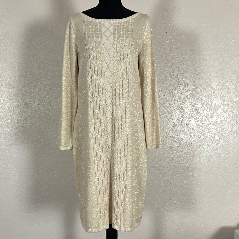 NWT Chaps Cream Gold Sparkle Cable Knit Long Sleeve Dress Size M